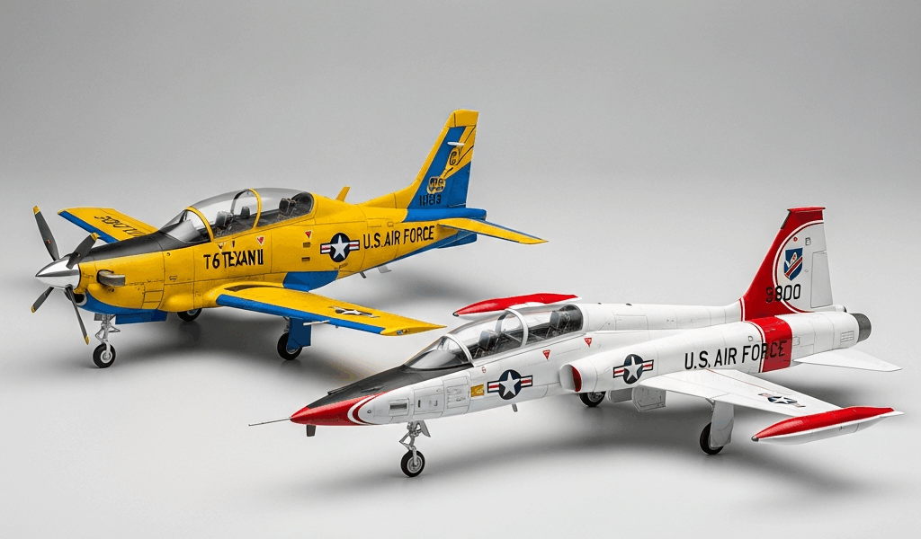 Professional photograph related to: T-6 Texan II vs T-38 Talon — Pilot Training Aircraft. High quali